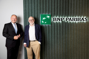 [L-R] Derek Kehoe, CEO and country head, BNP Paribas Ireland and BNP Paribas Ireland's first employee, Tom Woulfe celebrating the group's 50 years in Ireland.