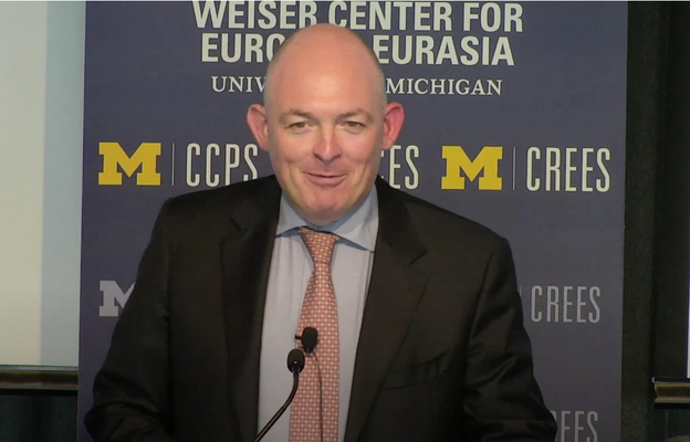 Attorney General Rossa Fanning speaking at the University of Michigan this month on the topic 'Closer to Michigan or Madrid? Reflections on Ireland's Unique Geopolitical Position'.