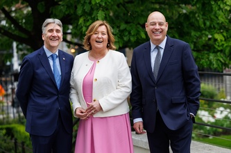 Edel O'Malley with incoming and outgoing Chair of basis.point Board at The Round Room at The Mansion House. L-R Eoin Fitzgerald (BBH) Edel O'Malley and Clive Bellows (Northern Trust).