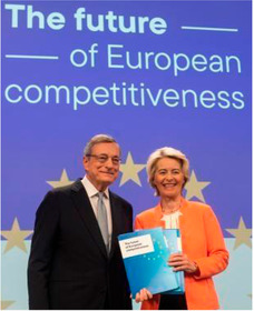 Former ECB President and Italian PM Mario Draghi with President of the European Commission Ursula von der Leyen launching the Draghi report in September 2024.