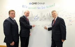 [L-R] Mark Bennett, Executive Director CME, deputy First Minister Martin McGuinness and First Minister Peter Robinson at the official opening of CME's offices at Millennium House in Belfast.