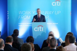Northern Ireland First Minister Peter Robinson speaking at Citi's announcement
